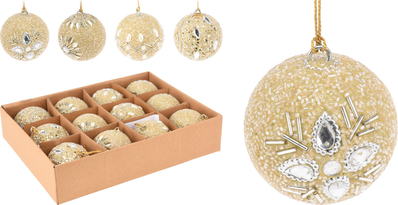 Eglutės žaisliukai, 12 vnt., dekoruoti karoliukais, 4 skirtingi dizainai, šampano sp., 6 cm