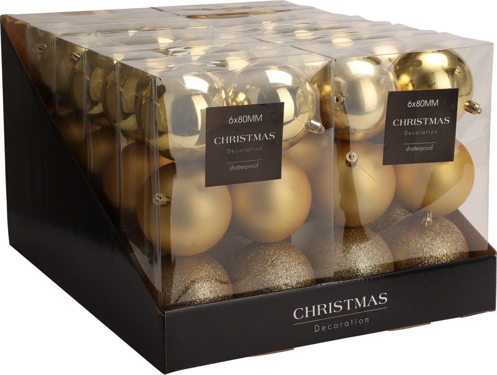 Eglutės žaisliukų rinkinys, 6 vnt., stiklas, aukso sp., matiniai, blizgūs ir žėrintys, skersmuo 8 cm