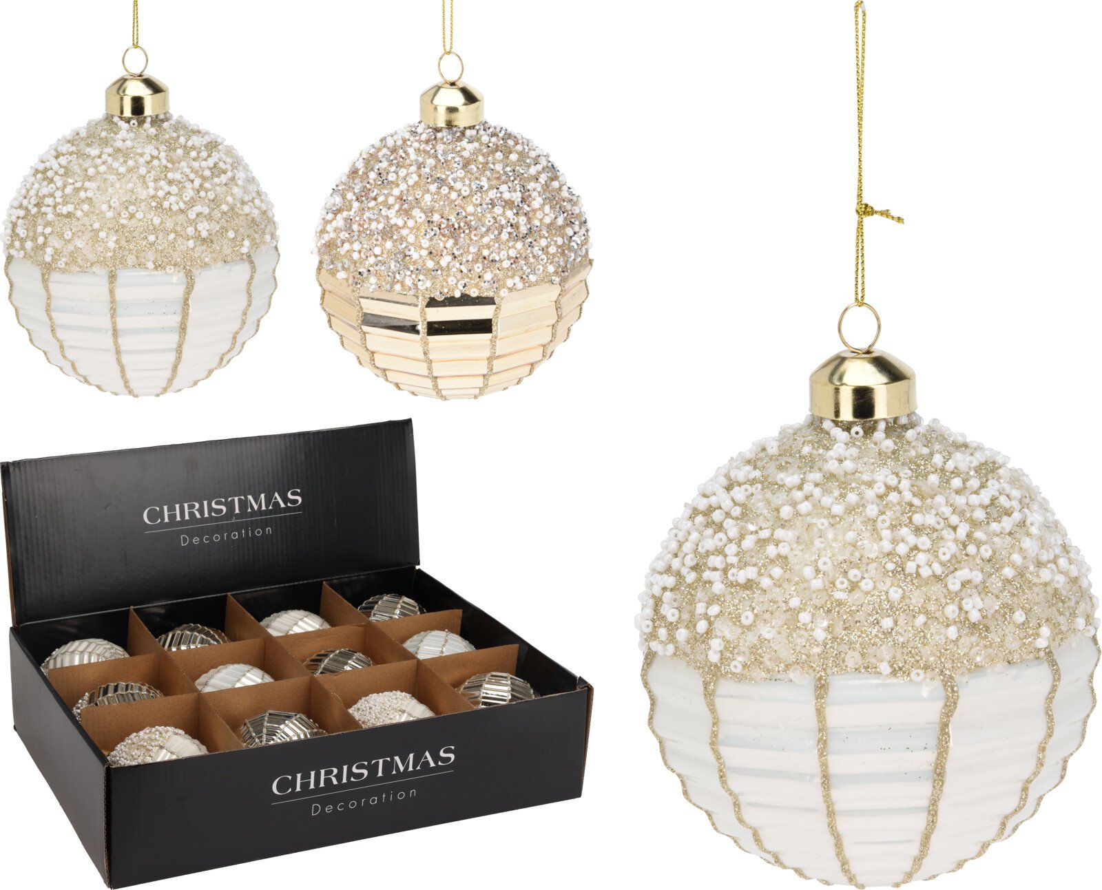 Eglutės žaisliukas, spalvos: balta/aukso, skersmuo 8 cm