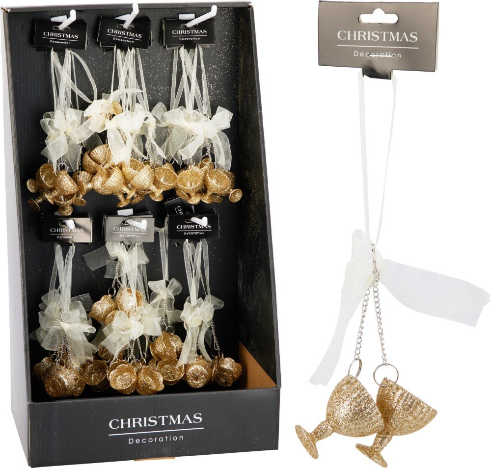 Kalėdinė dekoracija Vyno taurė su kaspinu, pakabinama, auksinės sp., 2 skirtingi dizainai, 2,5 x 2,5 x 16 cm