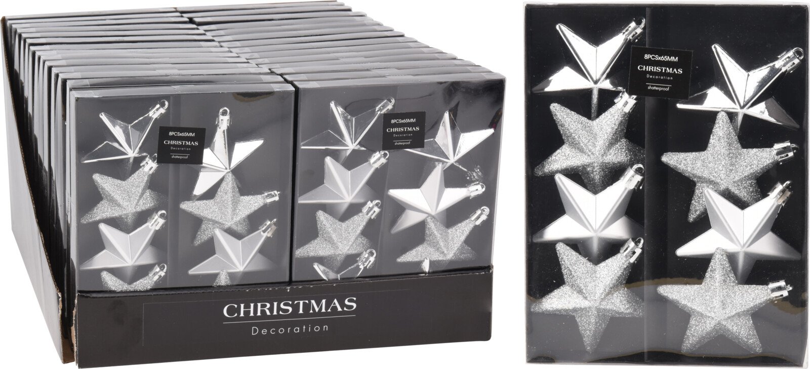 Eglutės žaisliukų rinkinys Žvaigždės, 8 vnt., pilkos sp., 6,5 cm.