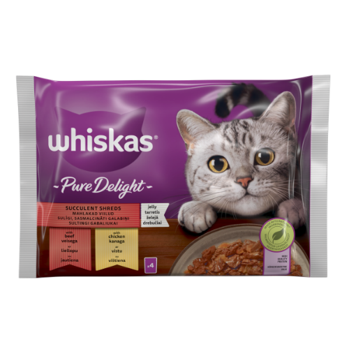 Konservuotas kačių ėdalas WHISKAS Pure Delight, su mėsa, suaugusioms katėms, 4x85 g
