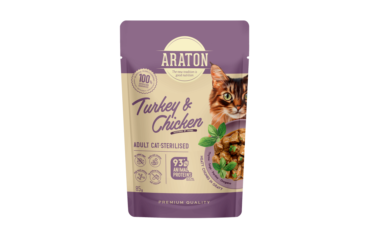 Konservuotas kačių ėdalas ARATON, visų veislių suaugusių sterilizuotų kačių šlapias pašaras su kalakutiena ir vištiena, 85 g