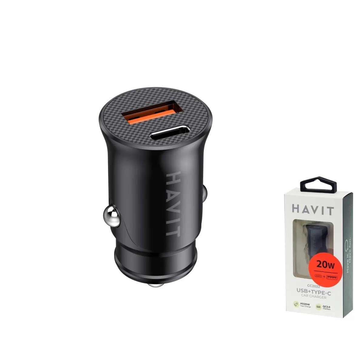 Automobilinis įkroviklis HAVIT Dot 2022, 1 x USB A, 1 x USB C, PD 20 W