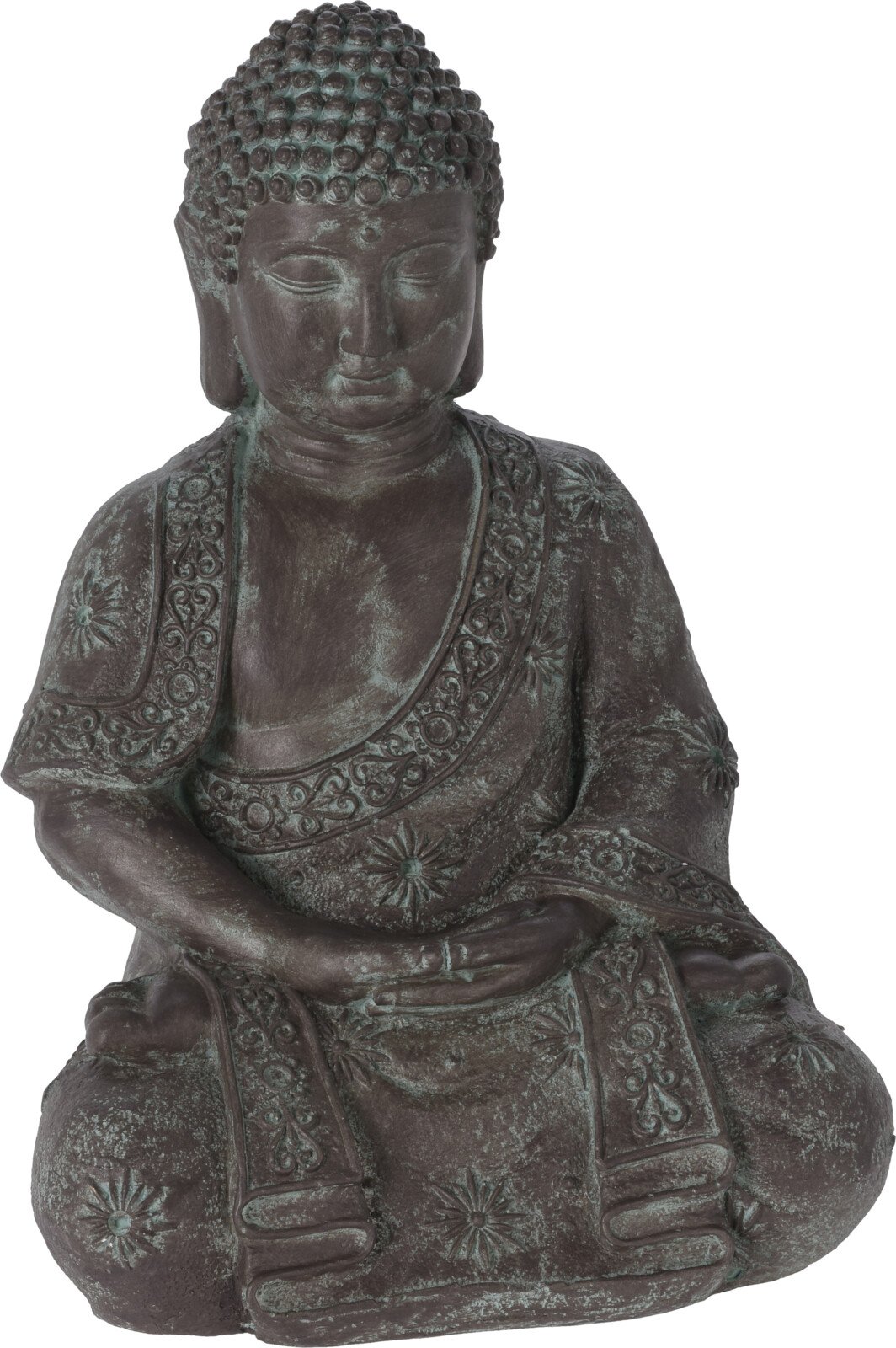 Sodo dekoracija BUDDHA, sėdinti, juodos sp. su žaliais motyvais, 29,5 x 25 x 42 cm.