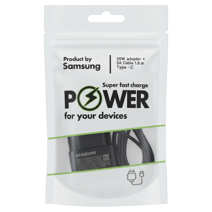 Telefono įkroviklis SAMSUNG, 25 W, adapteris ir Type-C 1.8 m laidas, juodos sp.