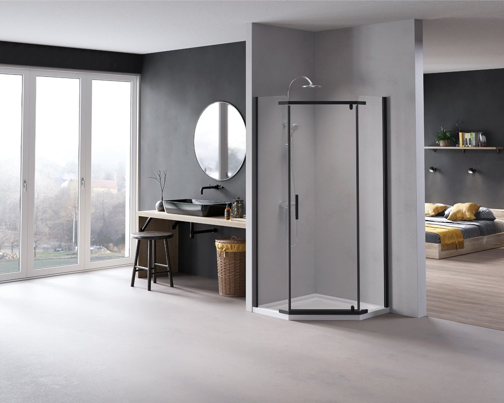 Dušo kabina HARMONY Diamond Black HAR-0099, 80 x 80 x 195 cm, penkiakampė, juodas profilis, skaidrus 8 mm stiklas, be padėklo