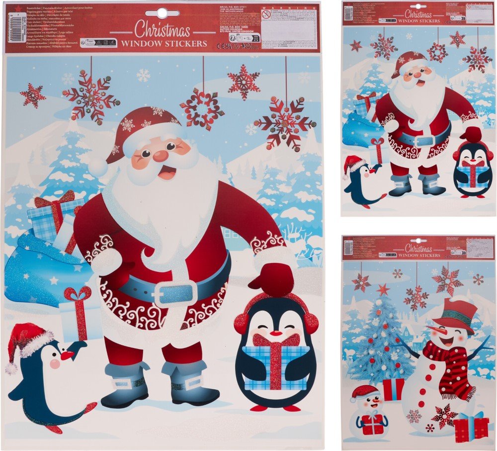 Kalėdinis langų lipdukas Kalėdų senelis, su spalvotais blizgučiais, 2 skirtingi dizainai, 30 x 42 cm