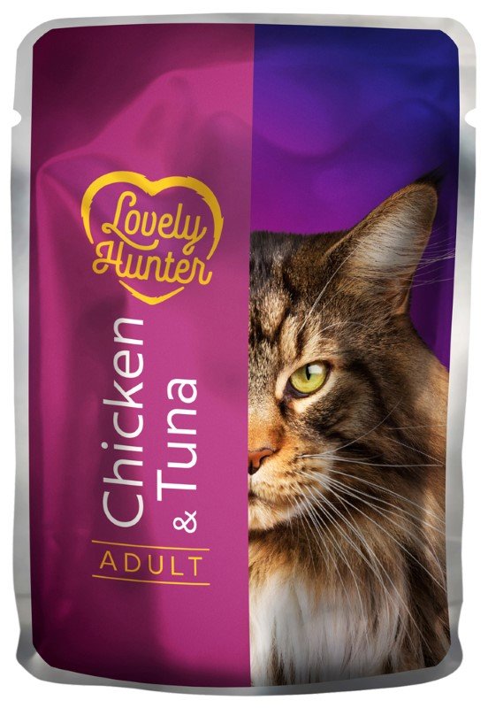 Konservuotas kačių ėdalas LOVELY HUNTER, suaugusioms katėms su vištiena ir tunu, maišelyje, 85g