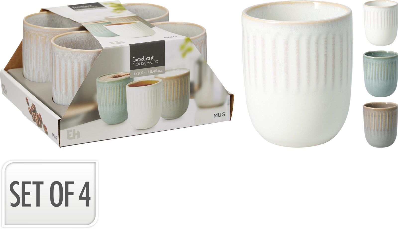 Puodelių komplektas, 300 ml, 4-ių skirtingų spalvų