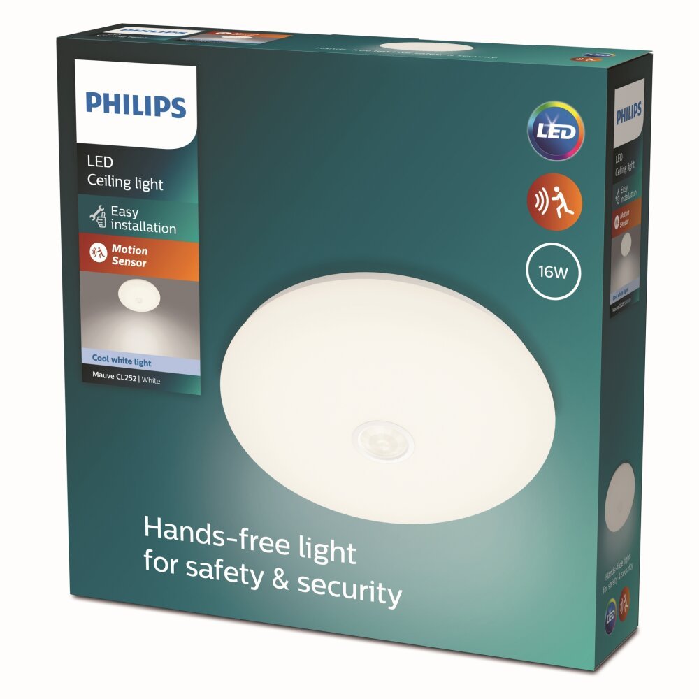 Lubinis LED šviestuvas PHILIPS Mauve, 16W, 1900 lm, 4000K, IP20, su judesio davikliu, AXPxG 72x320x320 mm, baltos sp.