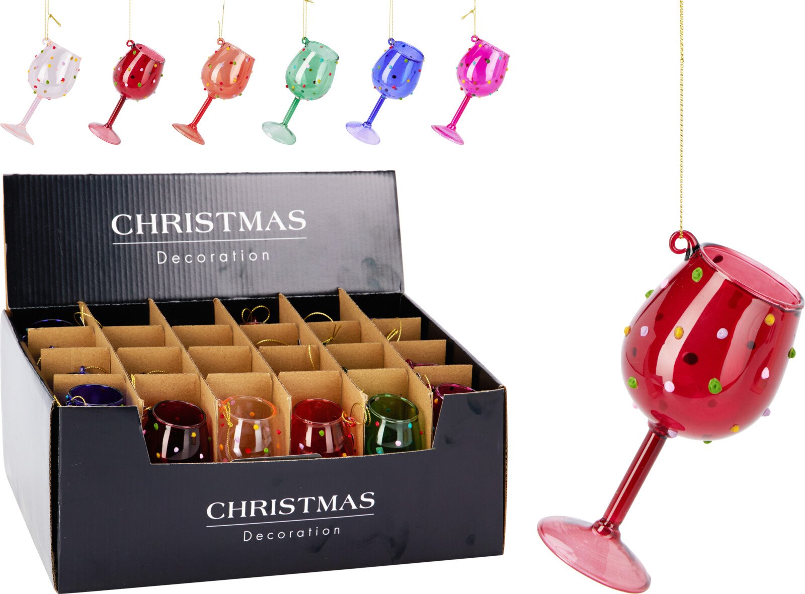 Eglutės žaisliukas Vyno taurė, stiklas, 6 skirtingos sp., su taškeliais, 5 x 10 cm