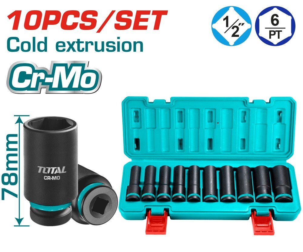 Prailgintų smūginių galvučių rinkinys TOTAL CrMo, 1/2", 10-24mm, 10 vnt., THKISD12102L