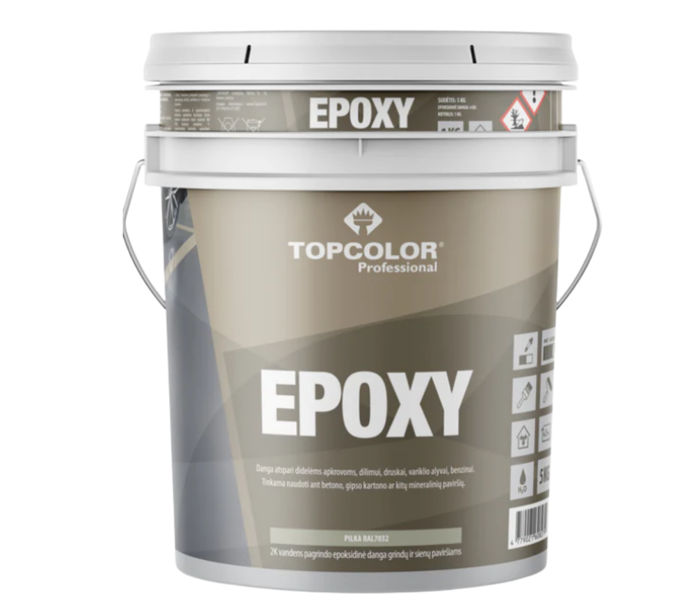 Epoksidiniai grindų ir sienų dažai TOPCOLOR Epoxy Ral7032, 5 kg.