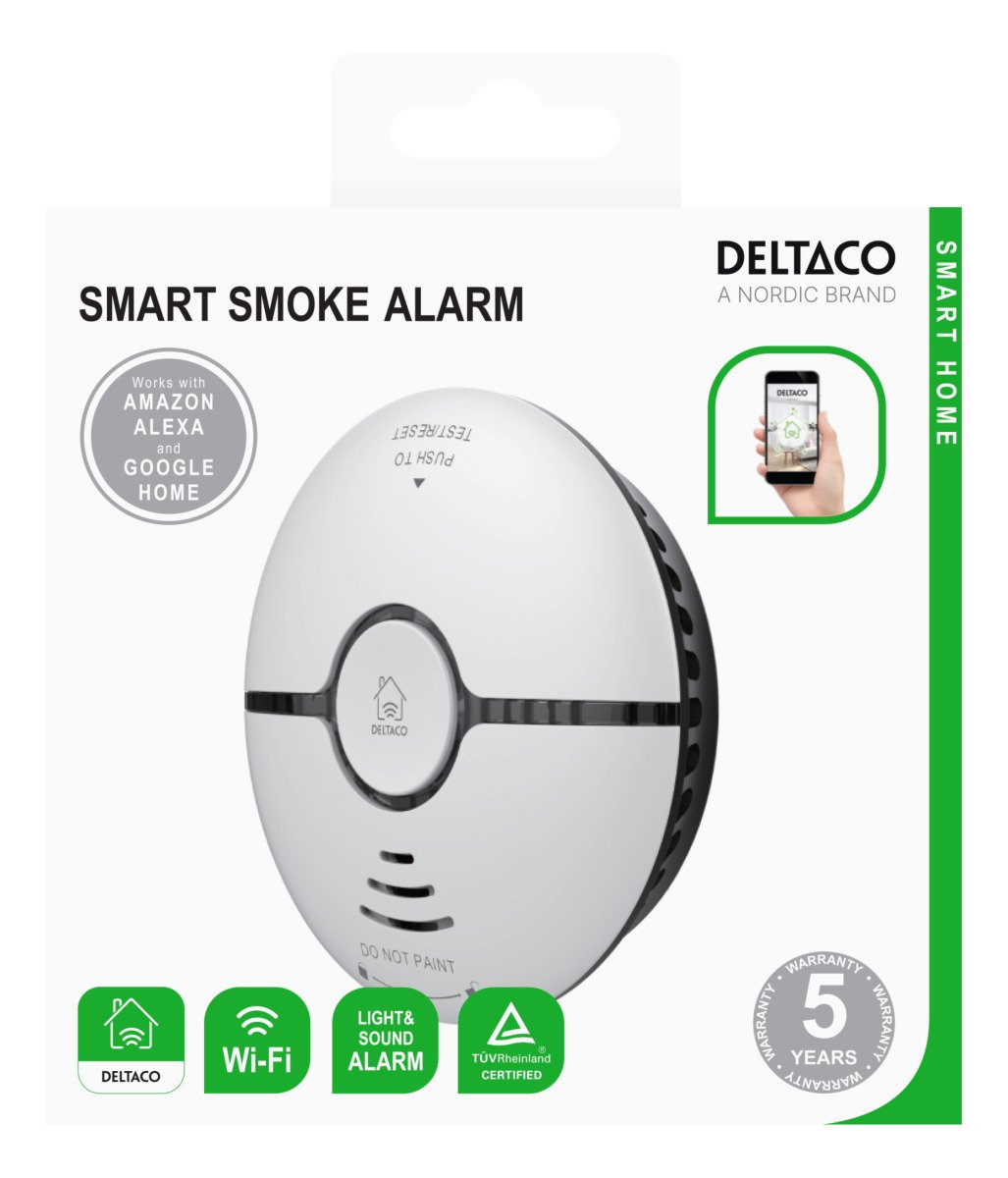 Išmanusis dūmų detektorius DELTACO Smart Home Sh-Ws03, magnetinis, WiFi, valdomas su programėle, šviesa ir garsas, baltos sp.