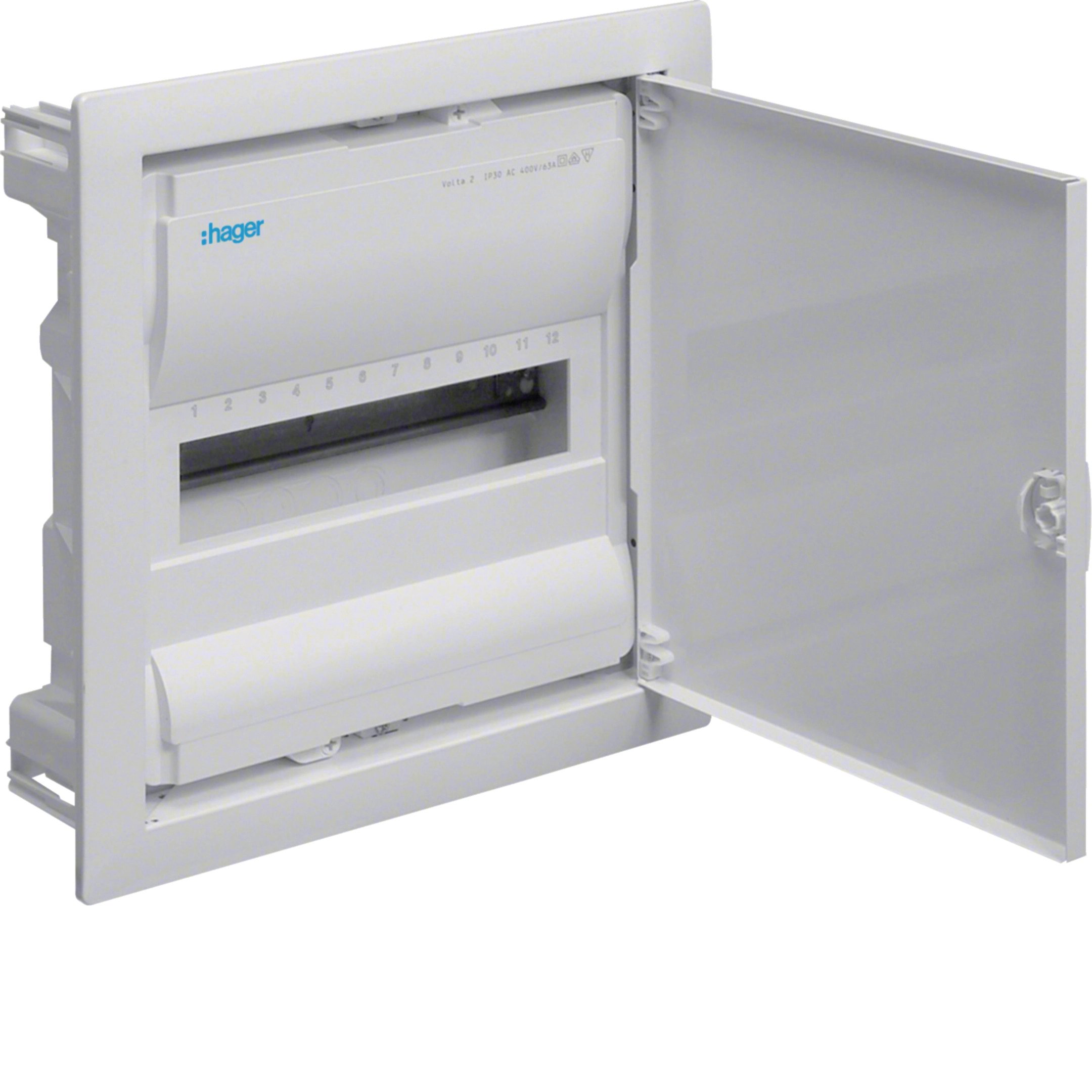 Automatinių išjungiklių skydelis HAGER, 12 modulių, įleidžiamas, baltas su baltomis metalinėmis durelėmis, IP30, VU12NE