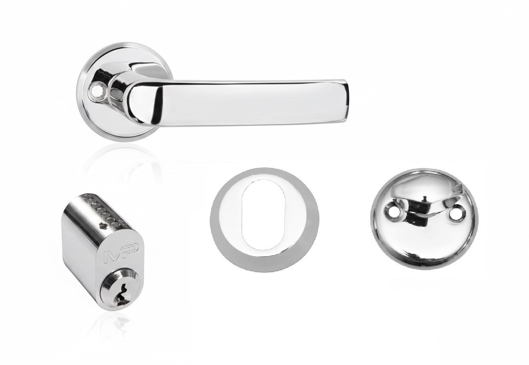 Durų rankenos, suktuko ir cilindro komplektas MP, MRO-06-35A, skandinaviškas, blizgus chromas, universali