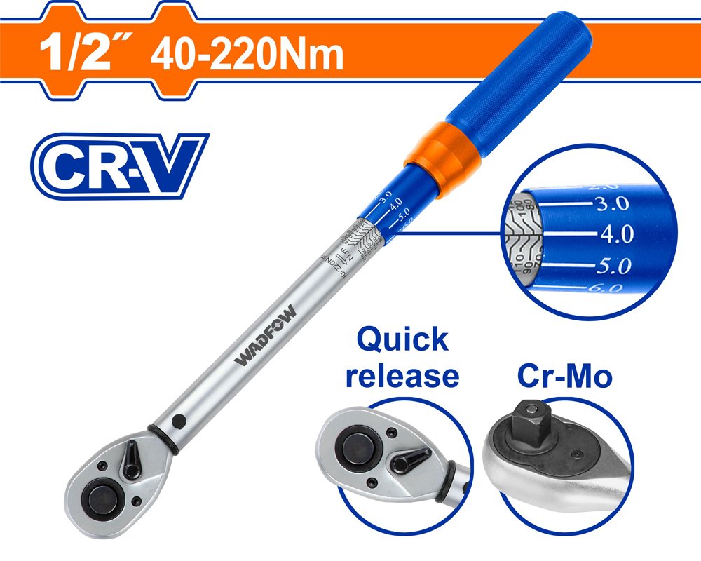 Dinamometrinis raktas WADFOW, Cr-V+Cr-Mo, 40-220 N.m, 430 mm, WWQ1D12