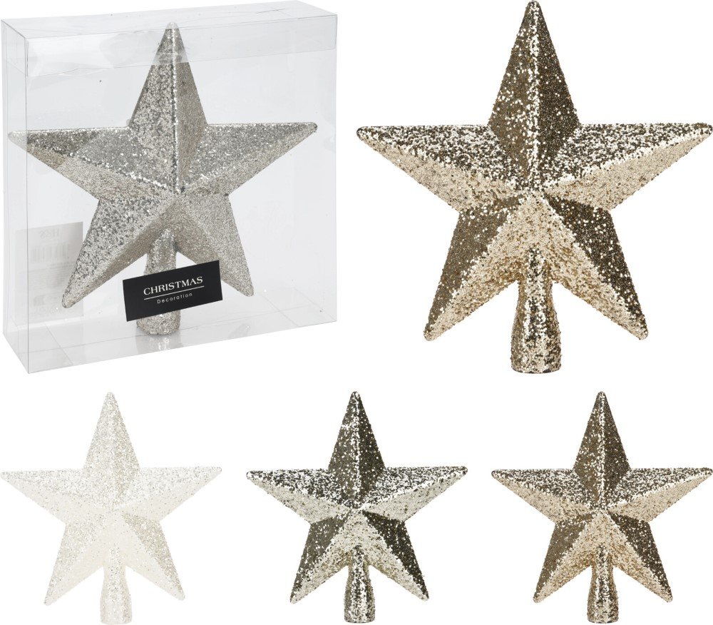 Eglutės viršūnė Žvaigždė, su blizgučiais, 3 skirtingos sp., 19 x 19 x 5 cm