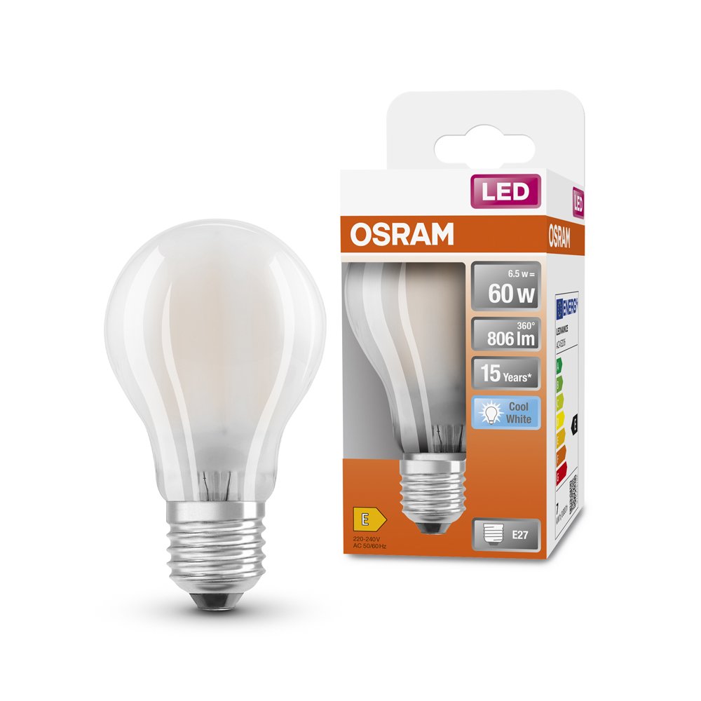 LED lempa OSRAM Star, 6,5W, E27, 220-240V, 4000K, 806 lm, filamentinė, matinė, atitinka 60W lemputę