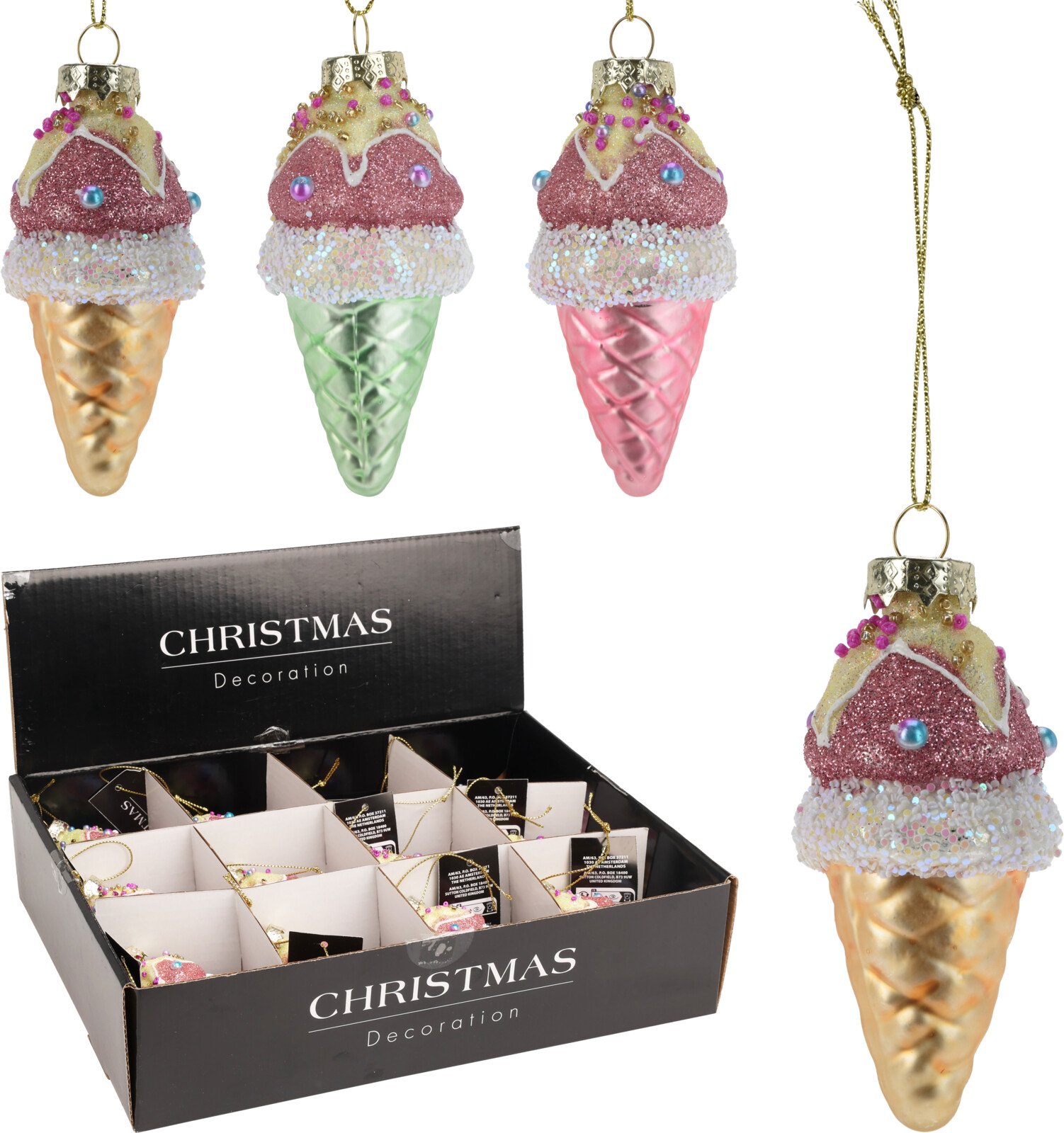 Eglutės žaisliukas Ledai, stiklas, 3 skirtingos sp., su blizgučiais, 4 × 8,5 cm