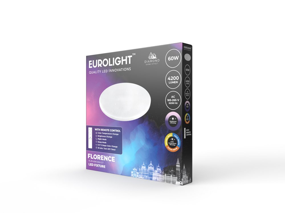 Lubinis LED šviestuvas EUROLIGHT Florence, 60 W, 185-265 V, 3900 lm, IP20, su pultu, dimeriuojamas, 580 x 70 mm, PL-RS-60W-DIM-CCT