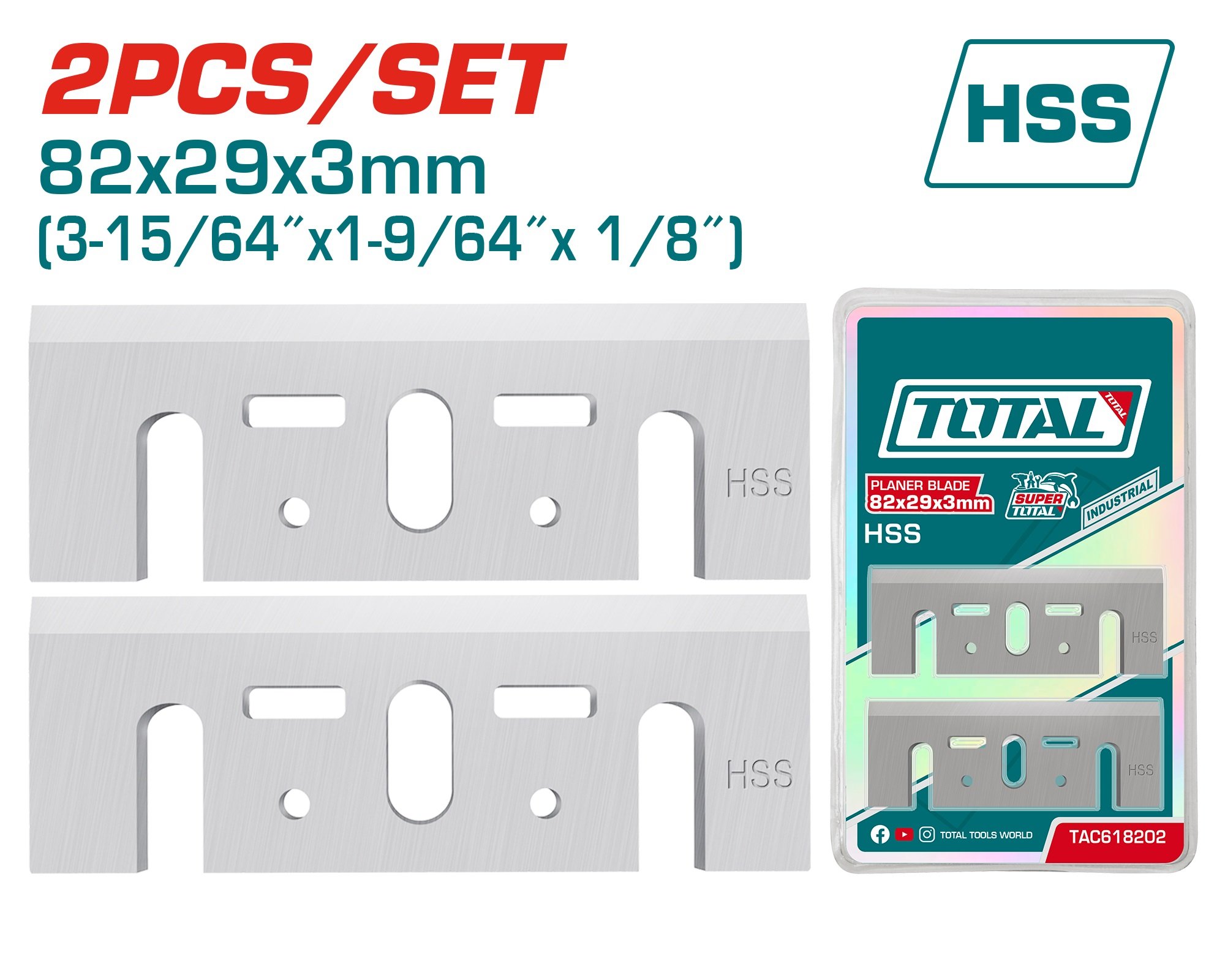 Obliaus peilių rinkinys TOTAL, 82X29X3.0 mm, HSS TAC618202