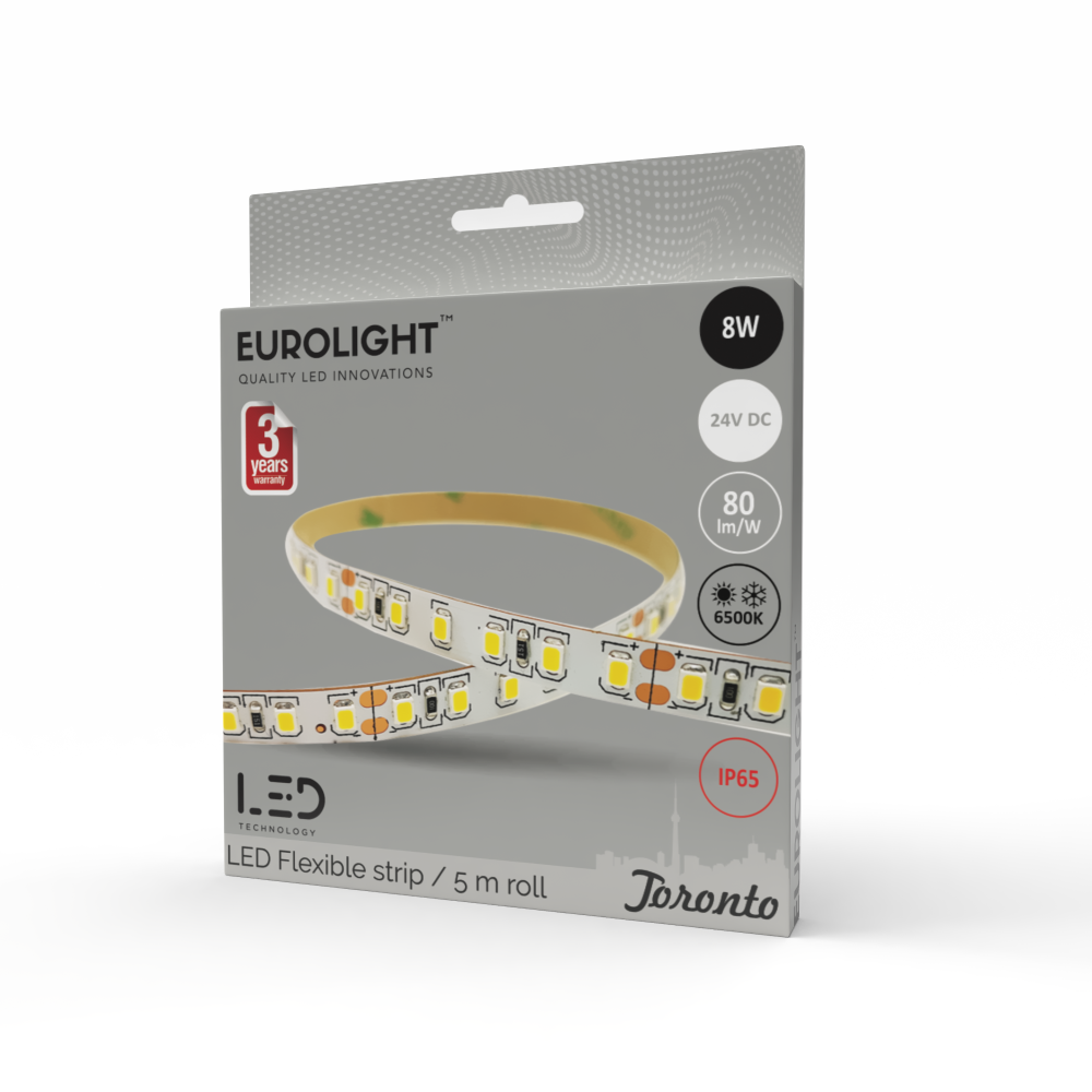 Šviesos diodų juosta EUROLIGHT Toronto, LED 5 m, 8 W / m, IP65, 6500K, 24V, 640 lm / m, 8mm pločio, S24-8W6-3YIP65