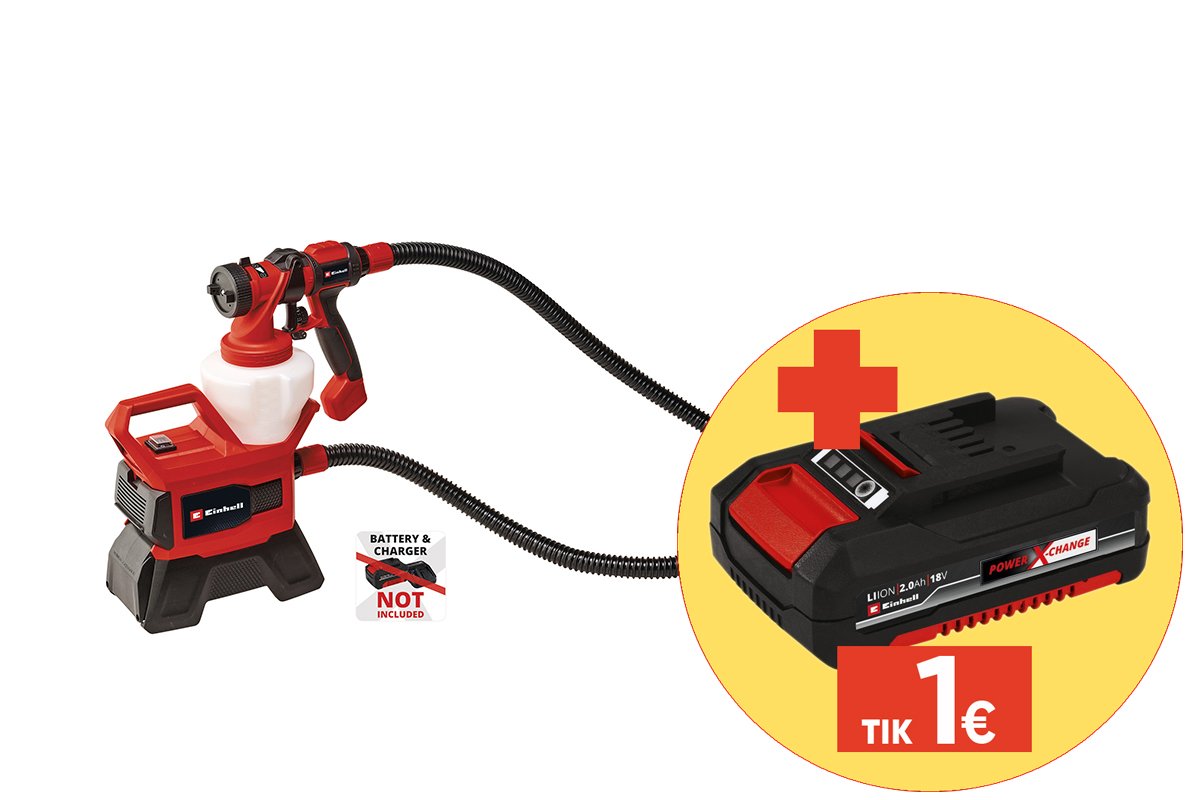 Akumuliatorinis dažų purkštuvas EINHELL TE-SY 18/90 Li-Solo, 18 V, išeiga iki 1000 ml/min, 1200 ml dažų talpa, be akumuliatorių ir kroviklio