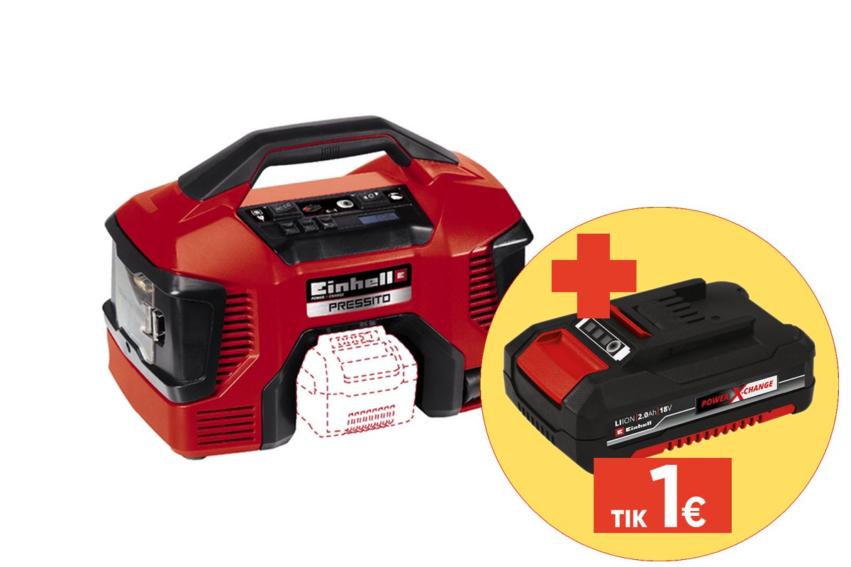 Akumuliatorinis hibridinis kompresorius EINHELL PRESSITO Solo, 18 V, be baterijos, maks. slėgis 11 bar.
