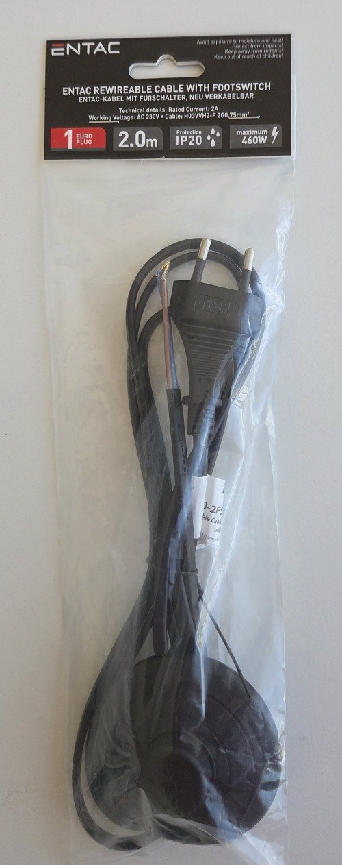 Laidas su kištuku ENTAC Rewireable Cable, 0,2m, be įžeminimo, su jungikliu ant žemės, 2x0.75, juodos sp.