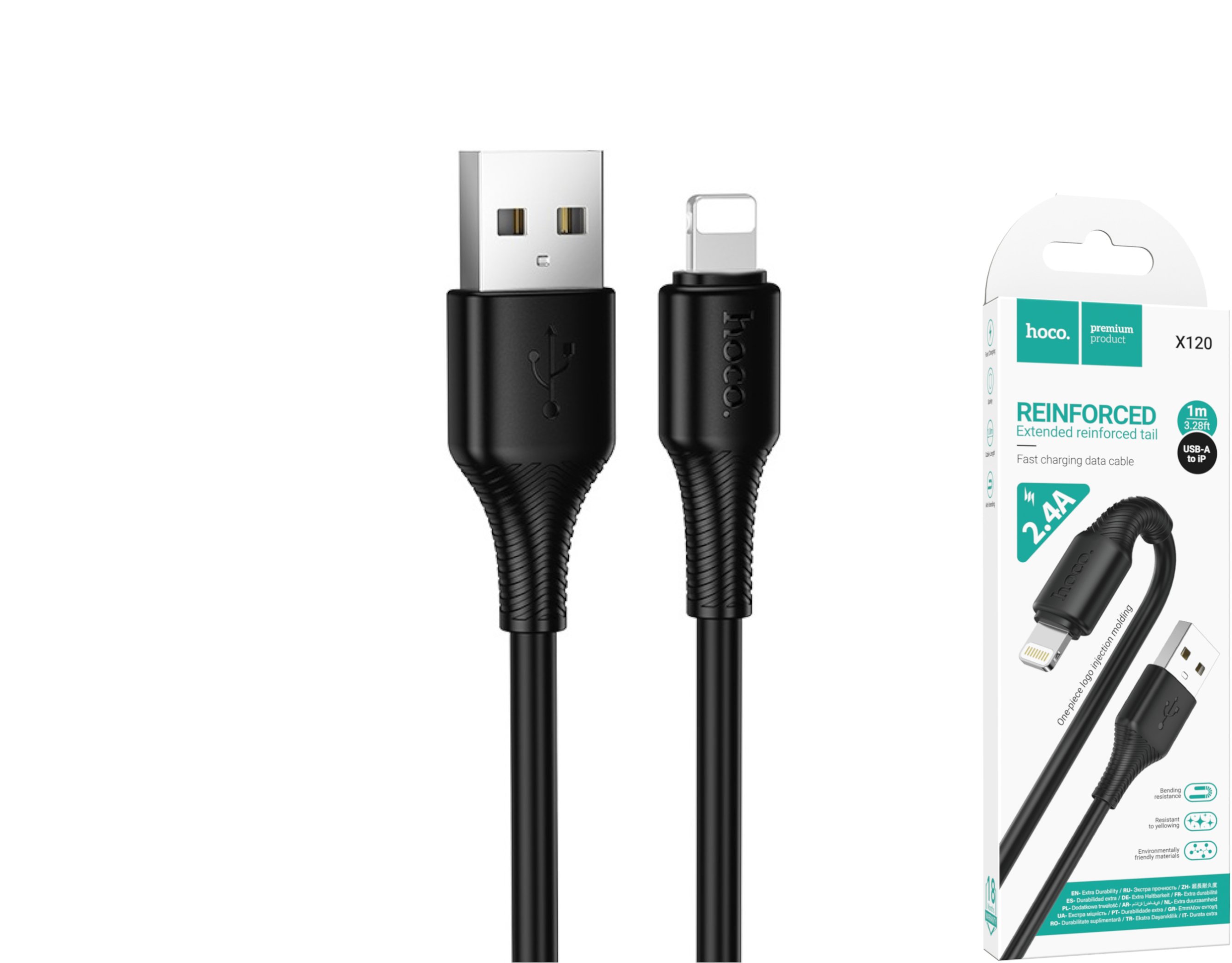 Įkrovimo laidas HOCO 120, USB A - Lightning, palaikomas įkrovimas iki 2.4A, laido ilgis 1m, juodos sp.