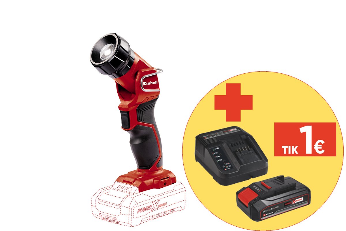 Akumuliatorinis prožektorius EINHELL TC-CL 18 Li H-Solo, 18 V, šviesos srautas 280 lm, diapazonas 33 m, be akumuliatorių ir kroviklio