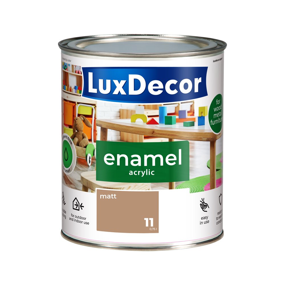 Universali akrilinė emalė LUXDECOR, 0,75 l, (11) latte kavos spalvos, matinis, skiedžiamas vandeniu