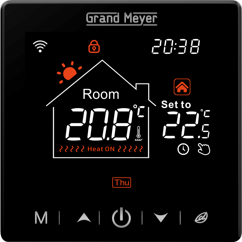 Programuojamas WiFi termostatas GRAND MEYER SN-20, 16 A, 230V, liečiamu ekranu, el. grindų šildymui, su patalpos ir grindų temperatūros jutikliu, juoda sp.