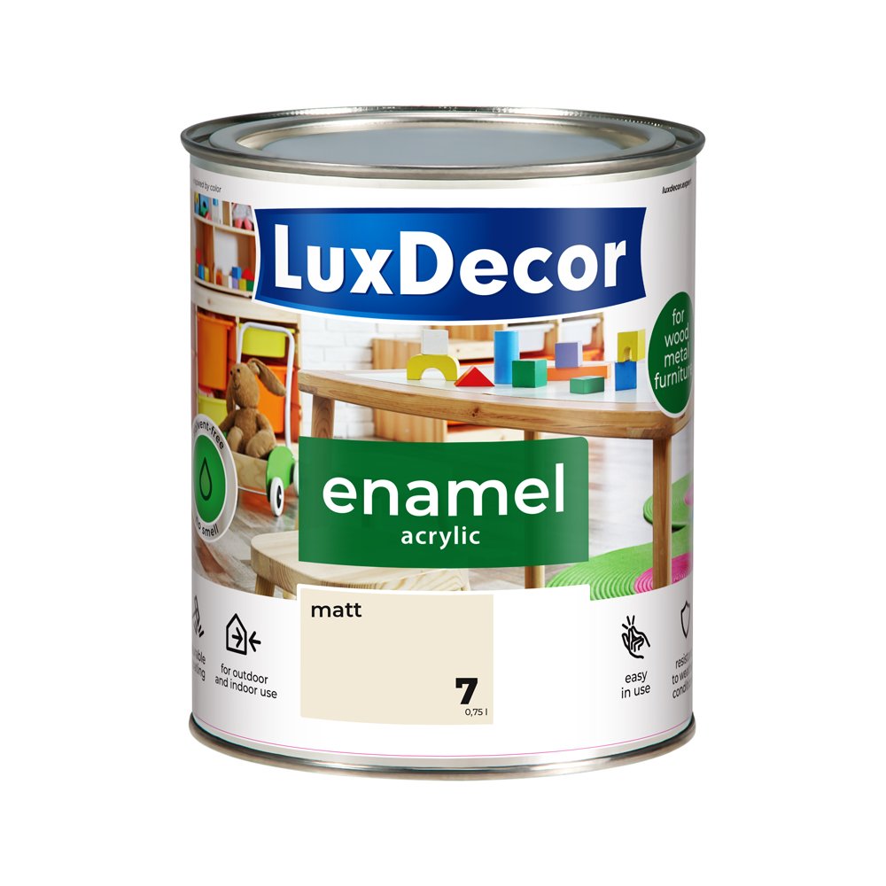 Universali akrilinė emalė LUXDECOR, 0,75 l, (07) vanilinio kremo spalvos, matinis, skiedžiamas vandeniu