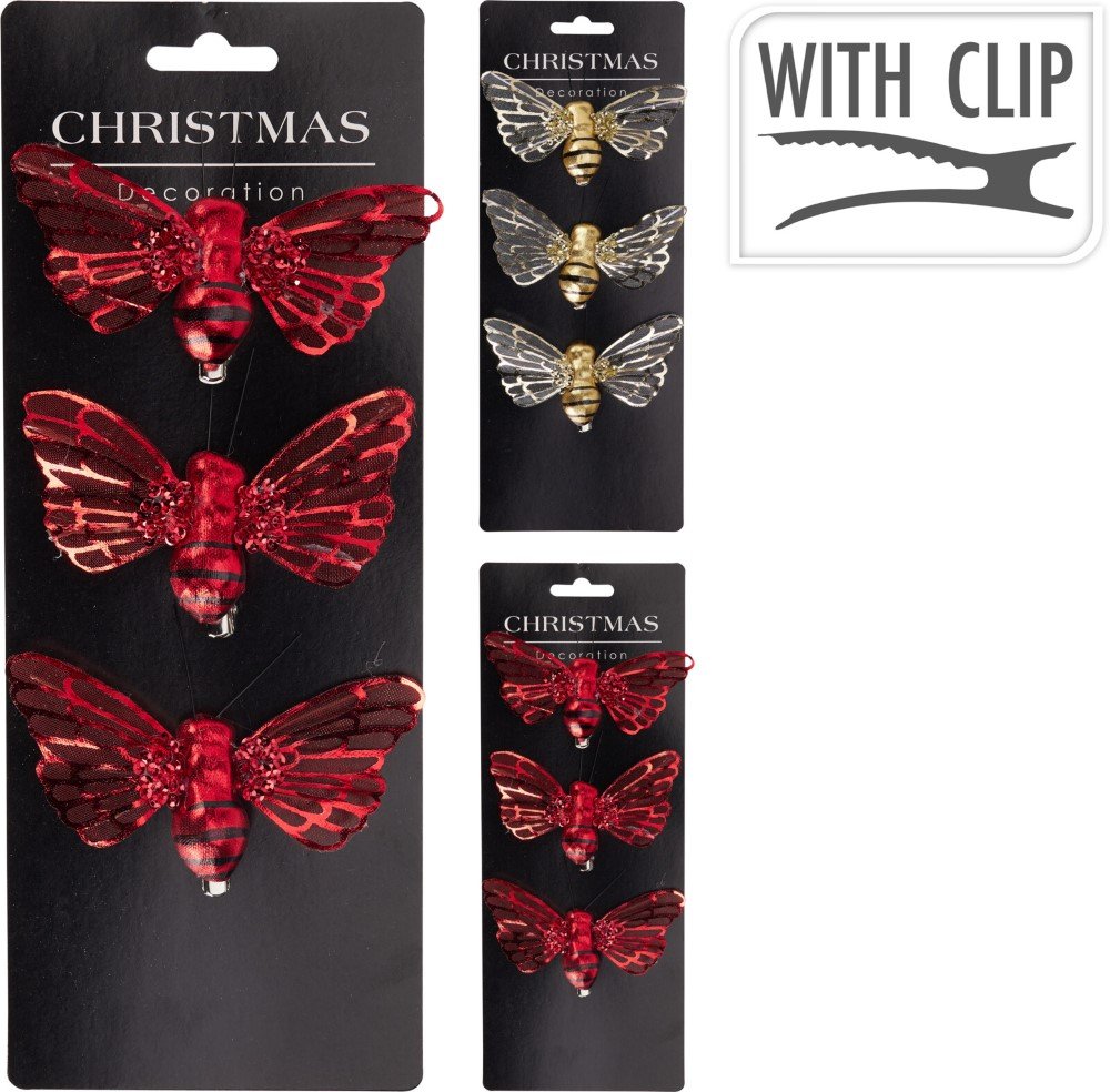 Kalėdinė dekoracija Bitės, 3 vnt, su segtuku, 2 skirtingos sp., 9,5 x 4 x 2 cm