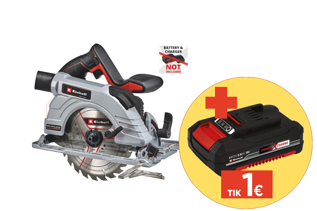 Akumuliatorinis diskinis pjūklas EINHELL TP-CS 18/190 Li, BL-Solo, 18 V, Li-ion, be akumuliatoriaus, diskas 190 mm., pjovimo gylis 90°/45° - 65/45 mm, svoris 3,23 kg