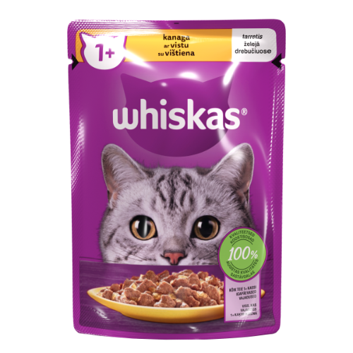 Konservuotas kačių ėdalas WHISKAS, su vištiena, suaugusioms katėms, 85g