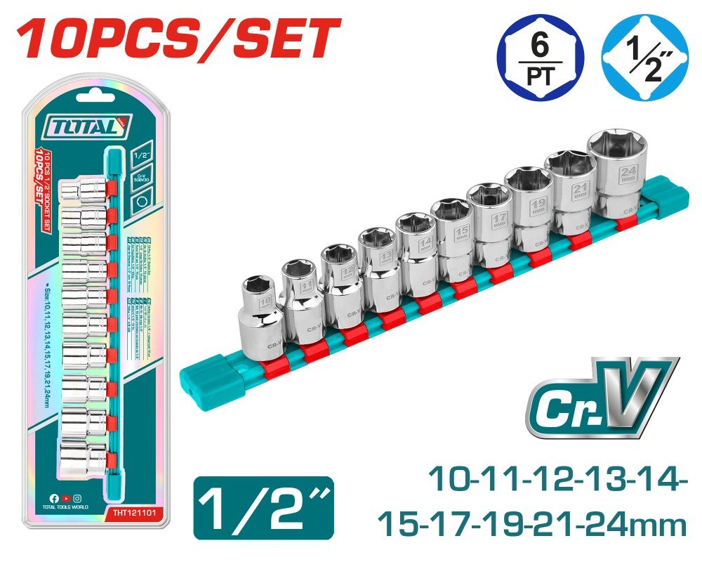 Galvučių rinkinys TOTAL, Cr-V, 1/2", 10 vnt, THT121101