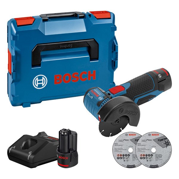 Akumuliatorinis kampinis šlifuoklis BOSCH Professional, GWS 12V-76, V-EC, 2x3.0Ah, GAL 12V-40, šlifavimo / pjovimo disko Ø 76 mm, priedai