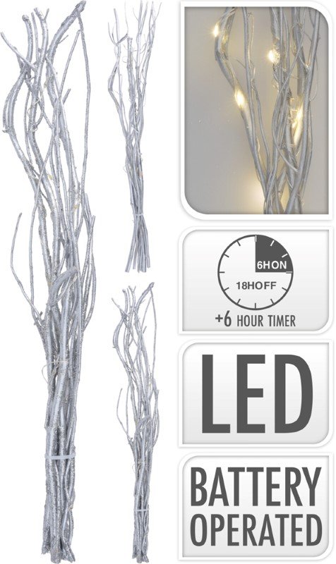 Dekoracija Gluosnio Šakelė, 40 cm, su 12 vnt. LED, sidabrinės sp.