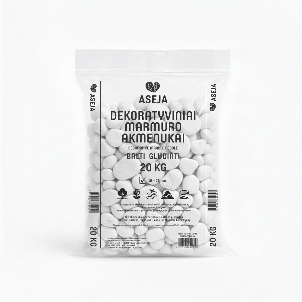 Dekoratyviniai marmuro akmenukai ASEJA, balti, gludinti, 15-25 mm, 20, kg, AS-DMA-15/25