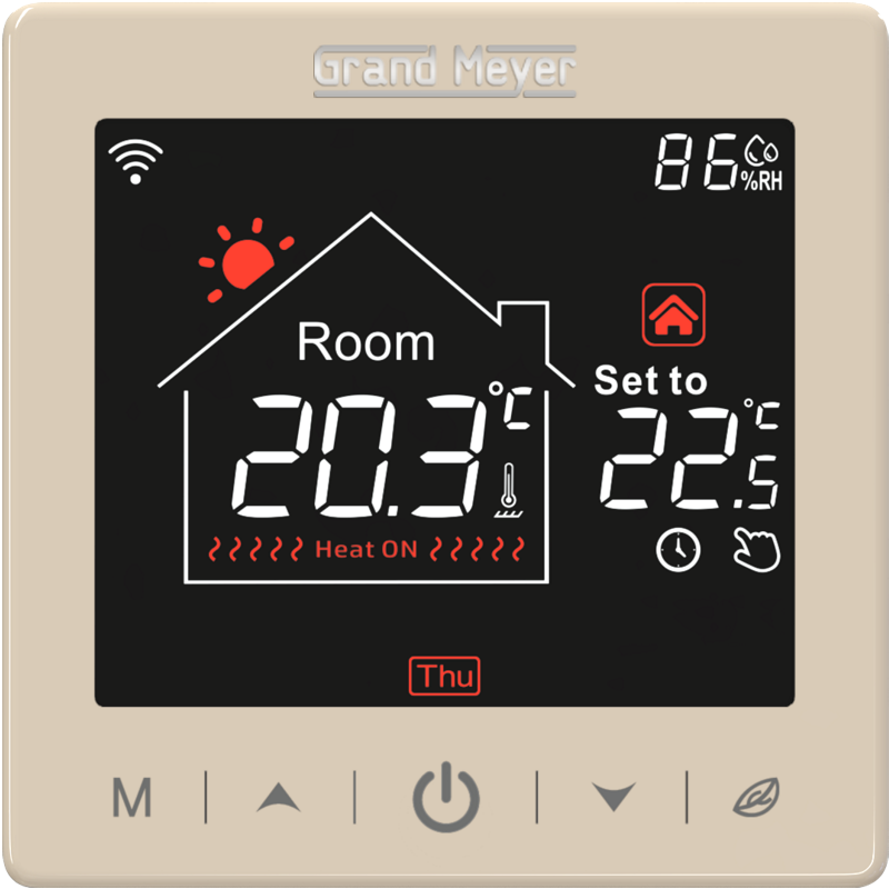 Programuojamas WiFi termostatas GRAND MEYER SN-15, 16 A, 230V, liečiamu ekranu, el. grindų šildymui, su patalpos ir grindų temperatūros jutikliu, aukso sp.