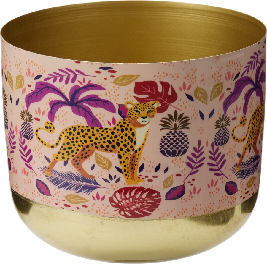 Kambarinis vazonas, metalinis, su leopardo motyvais, 2 skirtingi dizainai, 21,5 x 21,5 x 18,5 cm.
