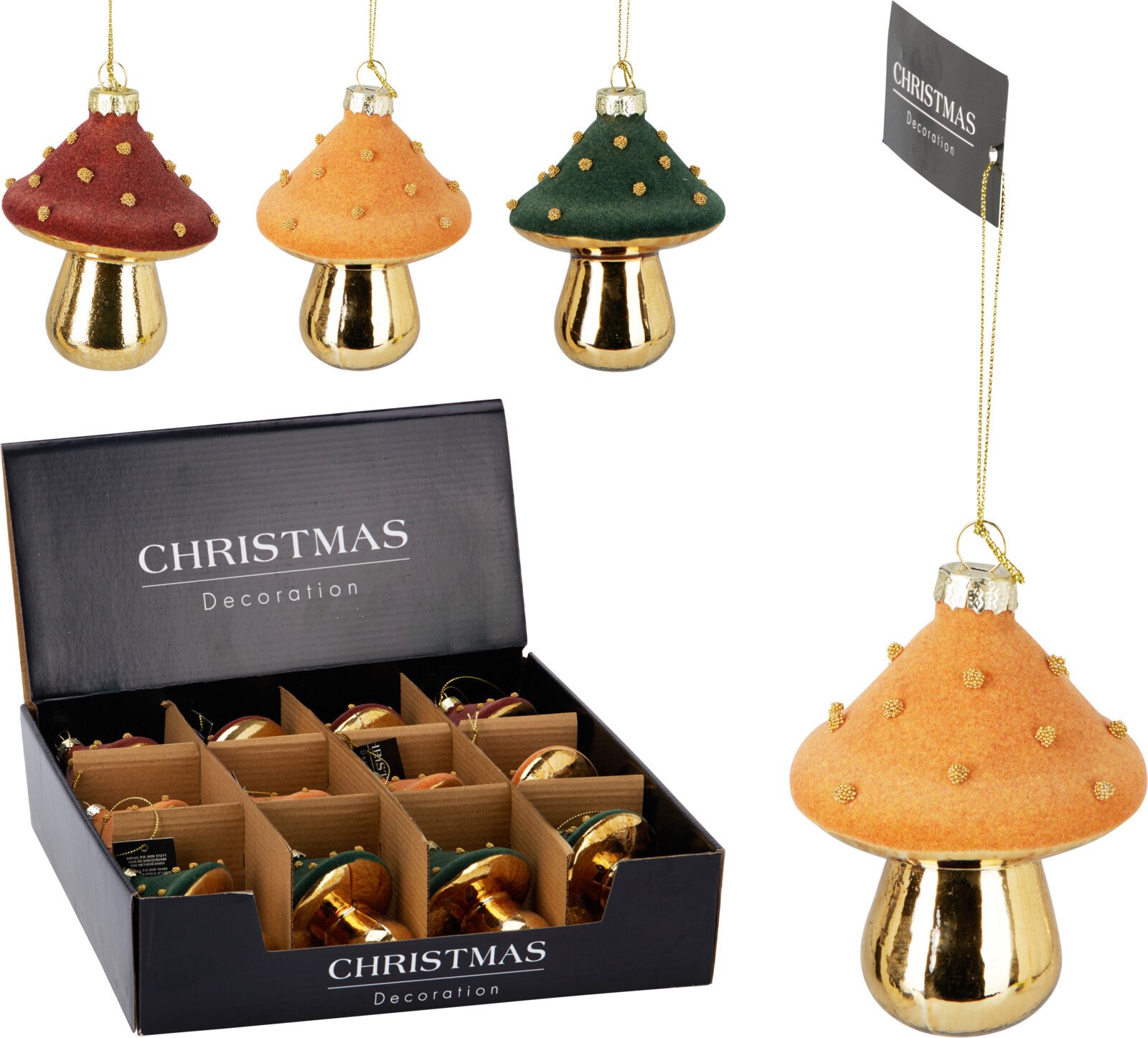 Eglutės žaisliukas Grybas, stiklas, 3 skirtingos sp., 7 x 7 x 9 cm