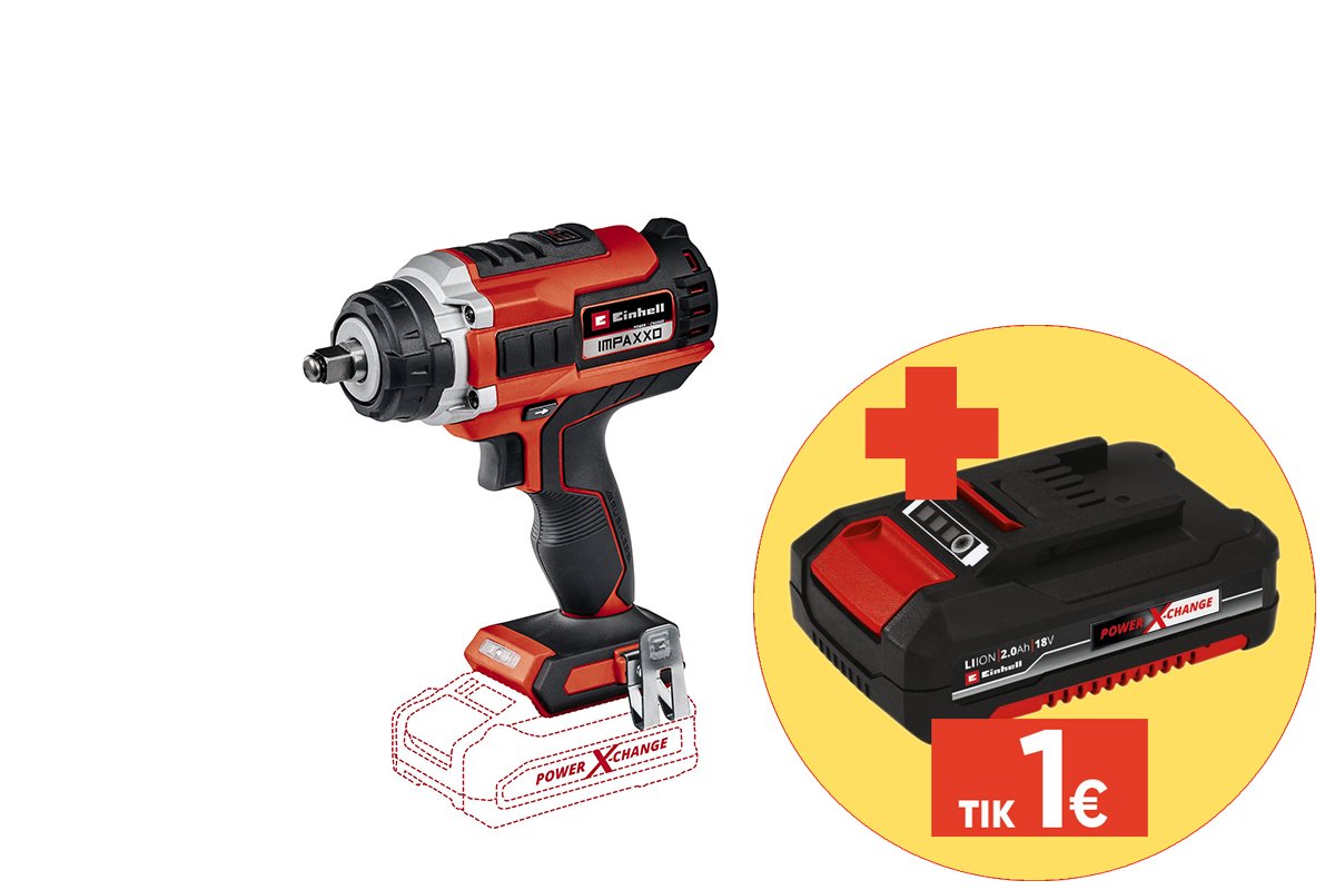 Akumuliatorinis smūginis veržliasukis EINHELL Impaxxo 18/450, 18 V, 1/2" jungtis, bešepetėlis variklis, maks. sukimo momentas 400 Nm, be akumuliatorių ir kroviklio