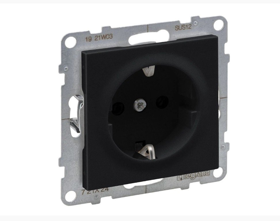 Kištukinis lizdas LEGRAND SUNO, įleidžiamas, su įžeminimu, su apsauga, automatiniai gnybtai, 2P+Ž, juodos sp., 721420