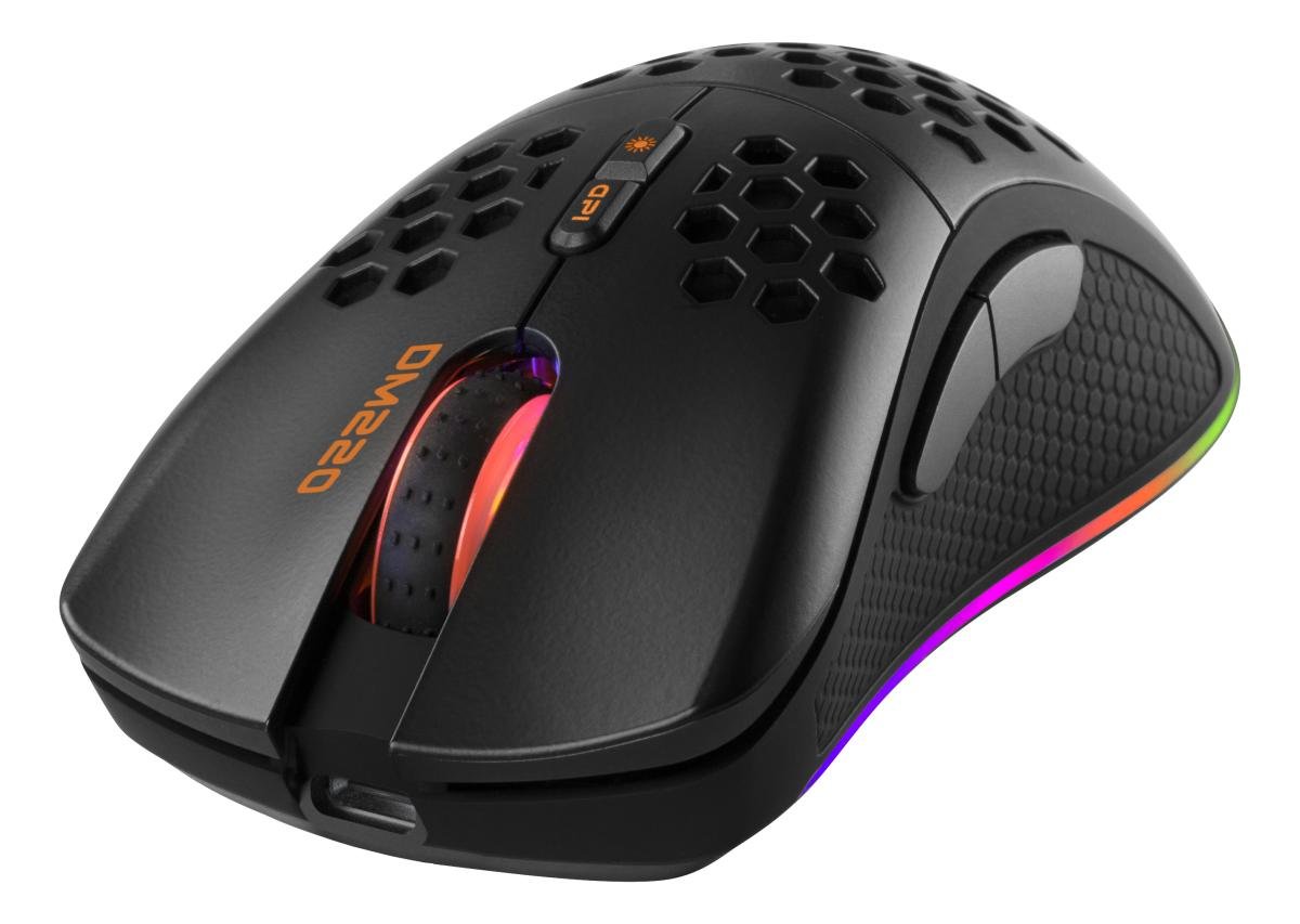 Belaidė žaidimų pelė DELTACO GAMING DM220, 70g svorio, RGB, SPCP6651, 400-6400 DPI, 1000 Hz, juodos sp., GAM-120
