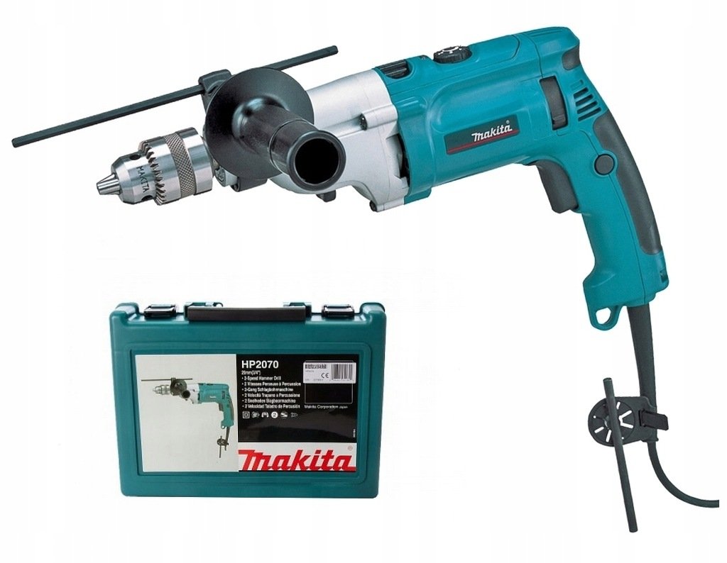 Smūginis gręžtuvas MAKITA HP2070, galia 1010 W, 0-1200/2900 min-1, 13 mm ranka užveržiamas griebtuvas, lagaminas